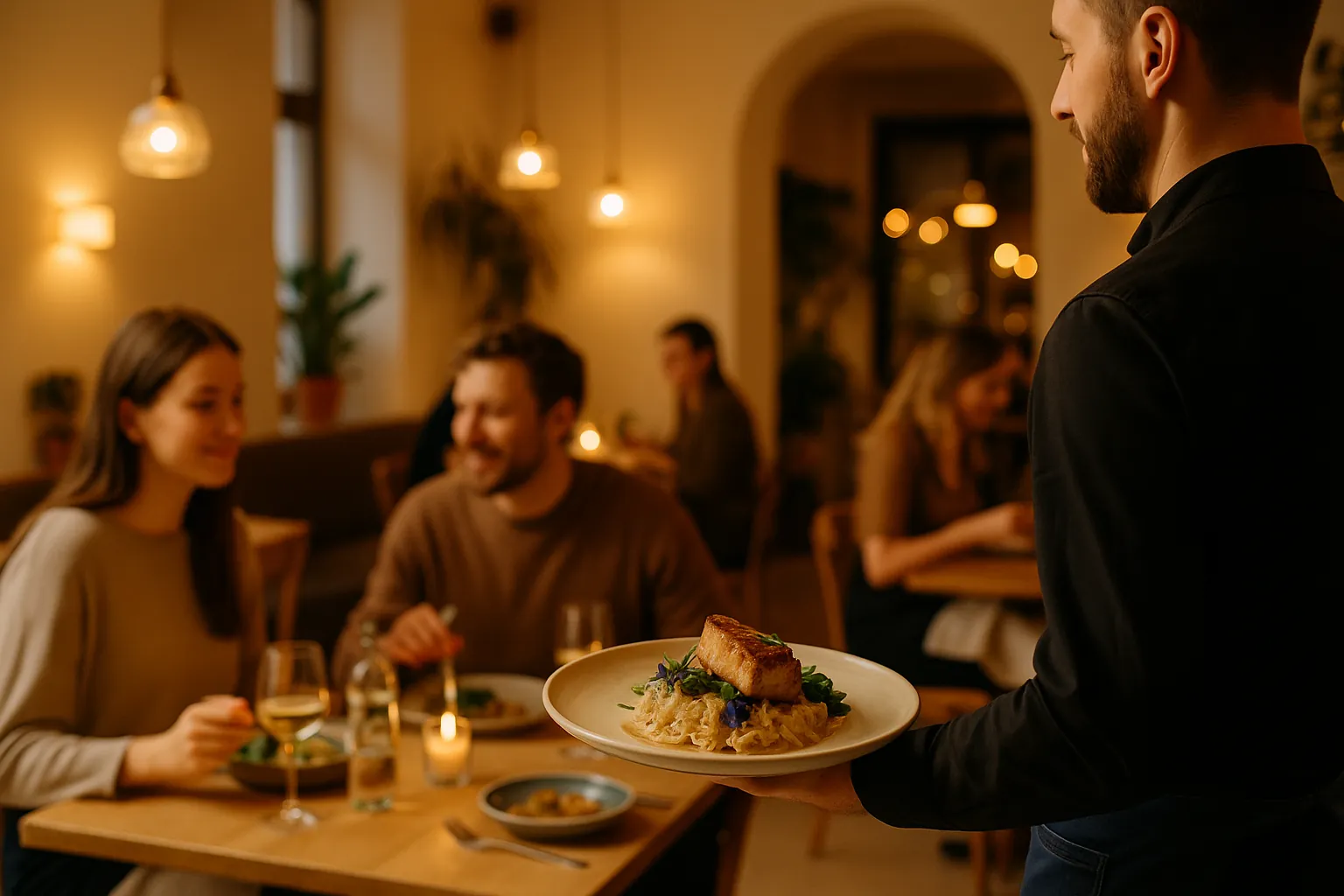 Goście przy stolikach w pełnej restauracji jako efekt dobrego marketingu
