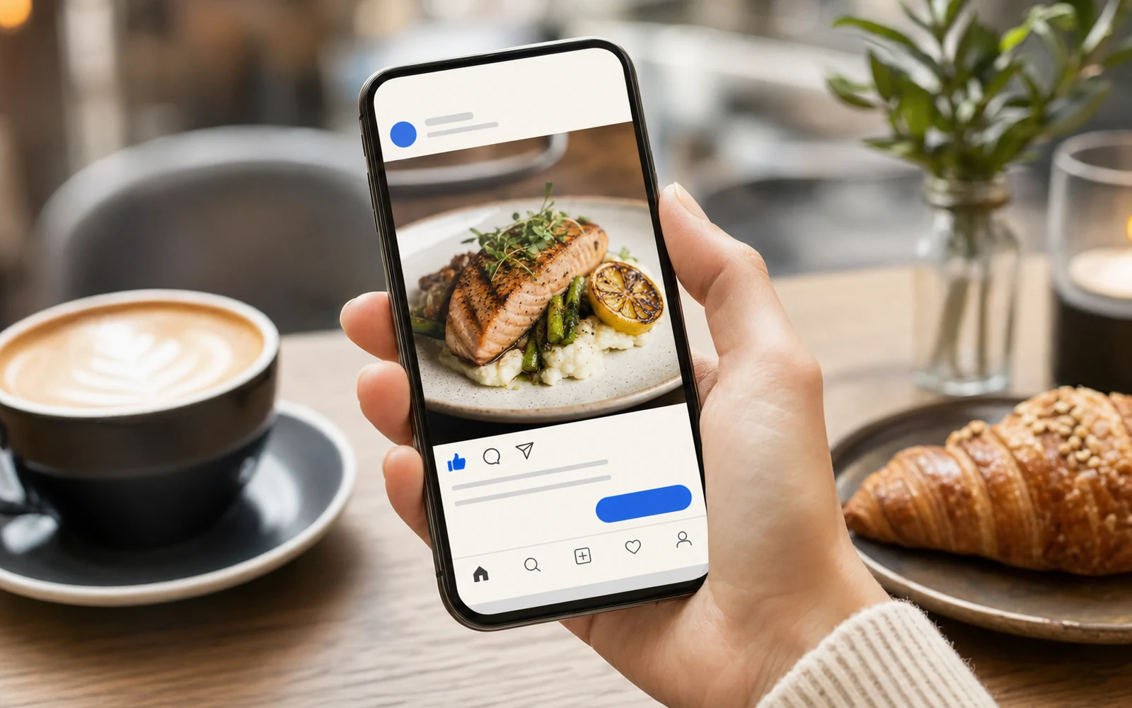 Reklama restauracji wyświetlana na Facebooku i Instagramie na ekranie telefonu