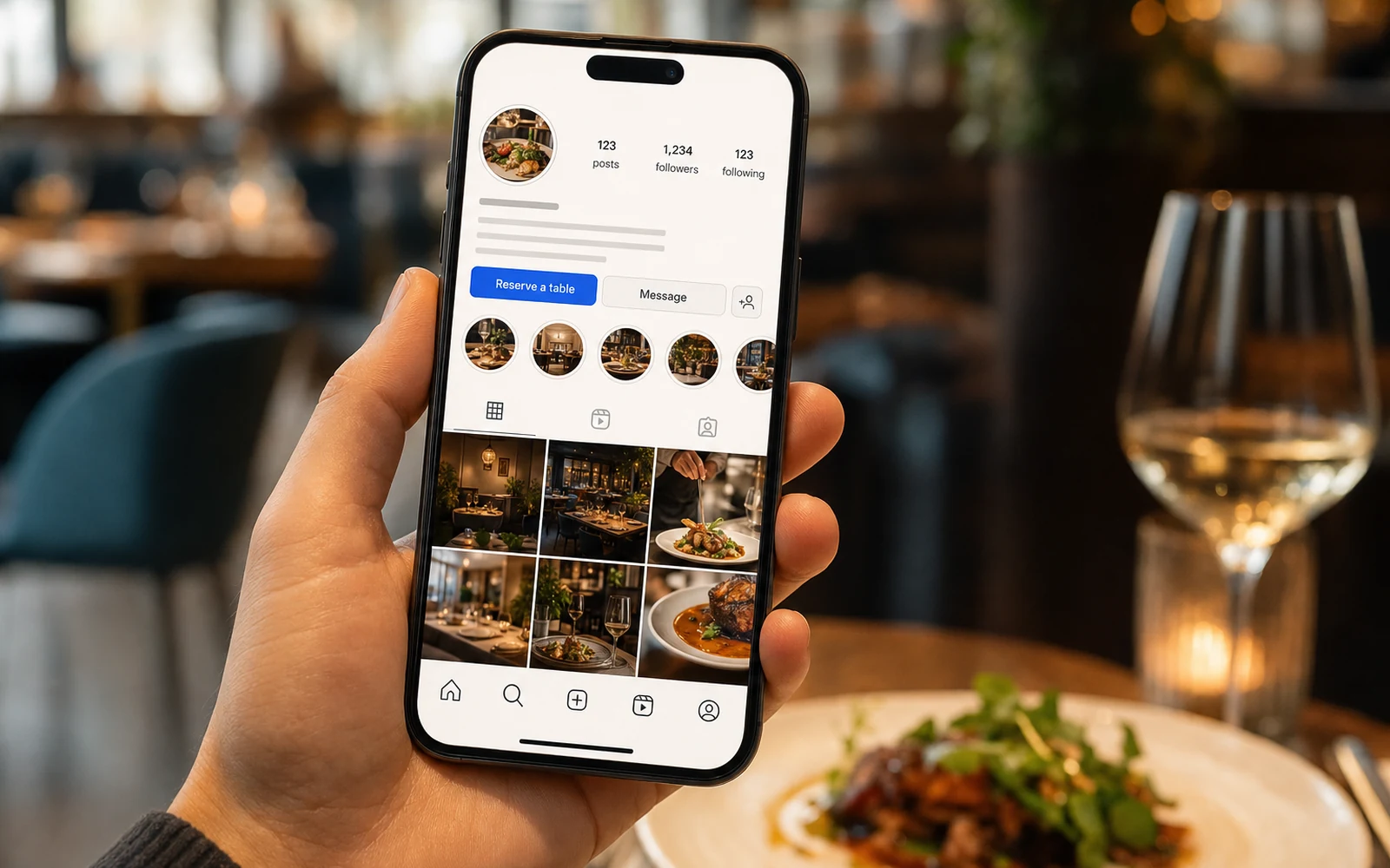 Telefon z profilem restauracji na Instagramie i przyciskiem rezerwacji w bio