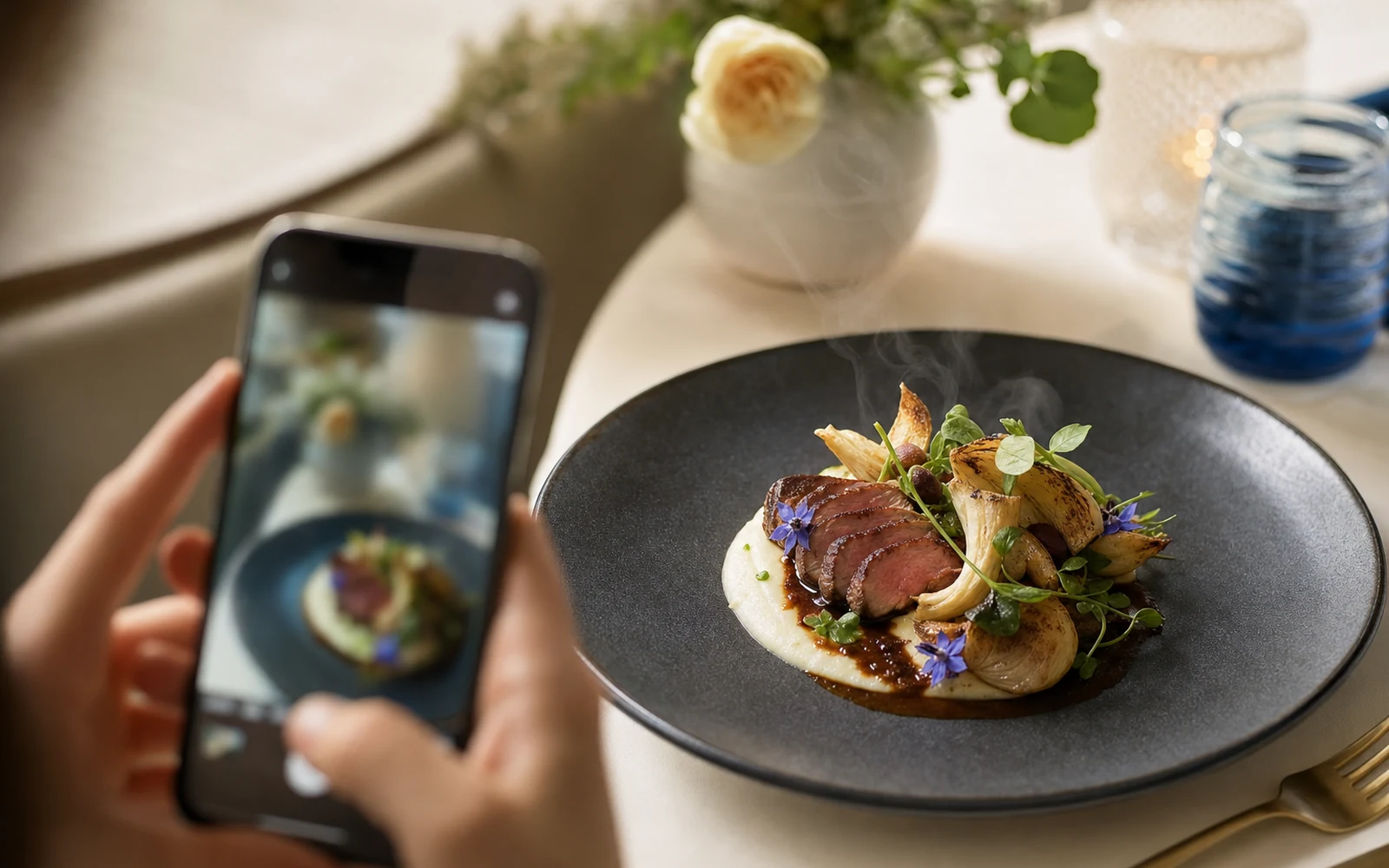 Apetyczne danie nagrywane telefonem podczas sesji content w restauracji