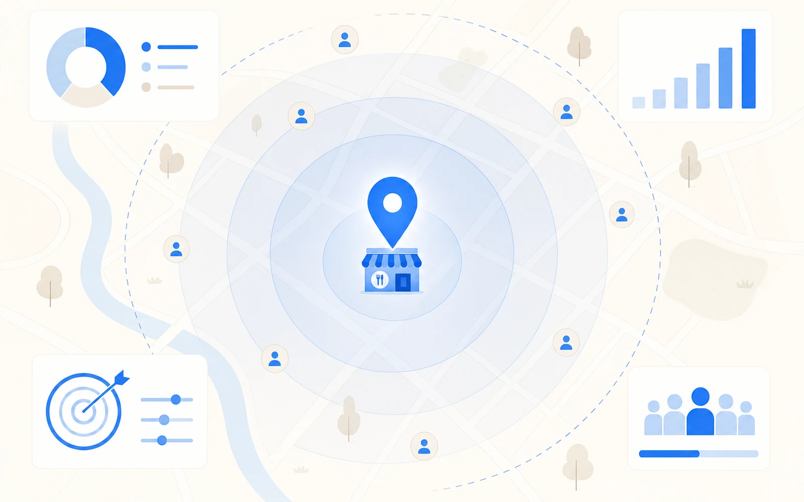 Mapa z zaznaczonym promieniem targetowania kampanii Meta Ads wokół restauracji