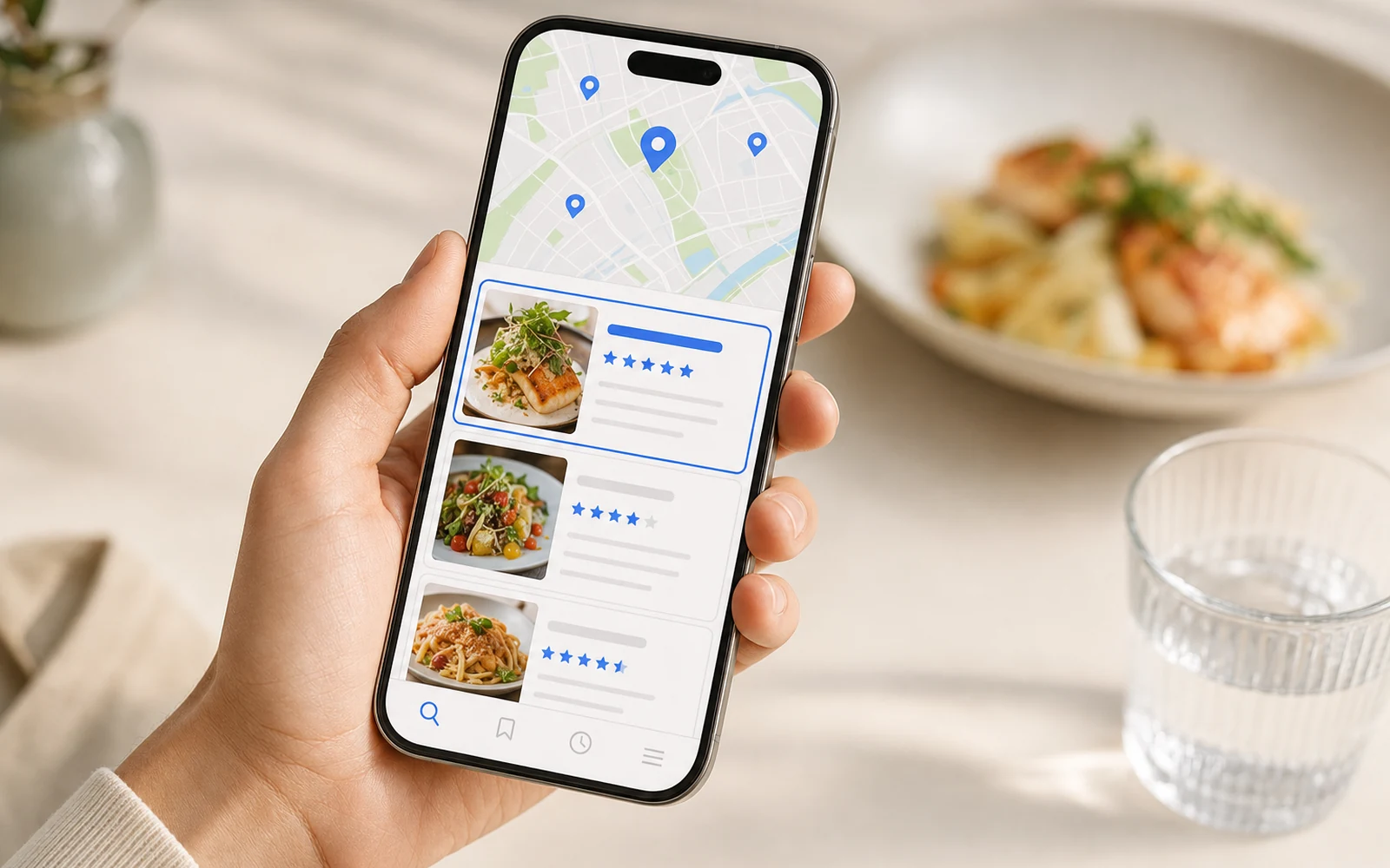 Wyniki Google z mapą i trzema restauracjami w local pack na ekranie telefonu